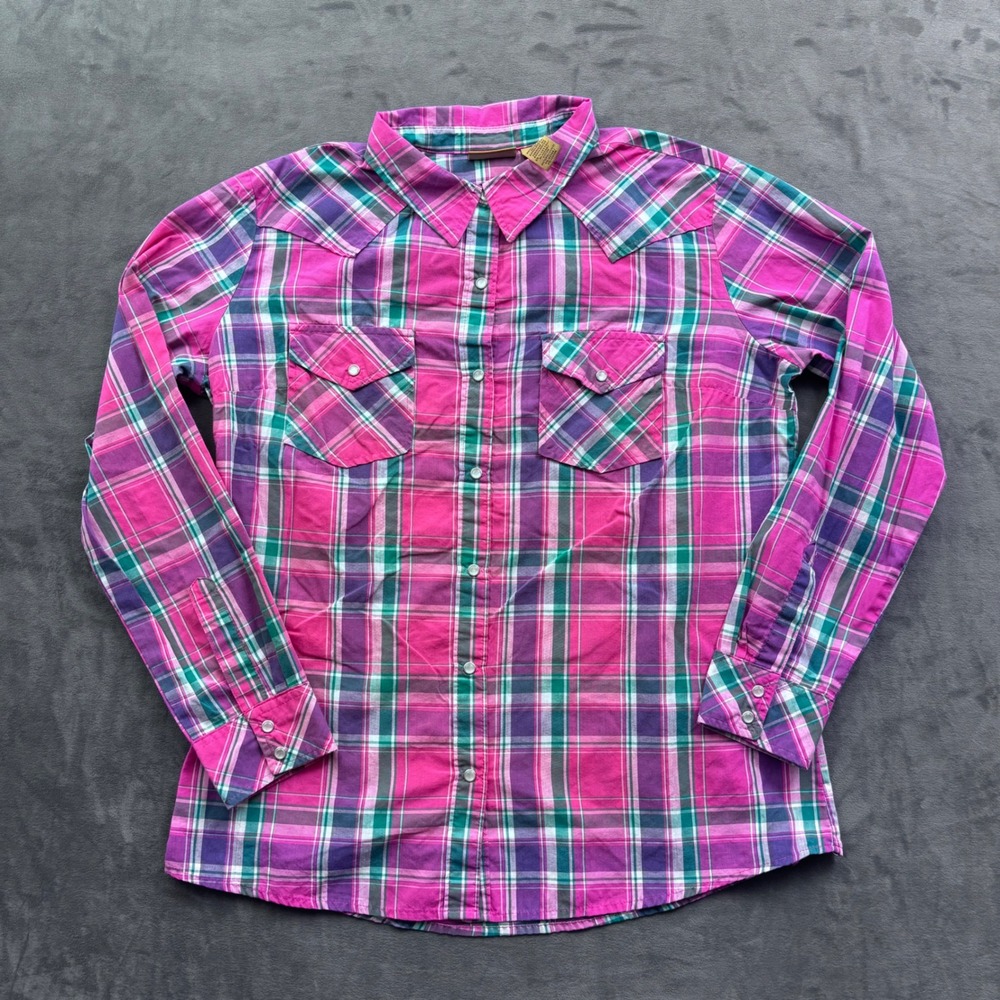 Wrangler Pink Plaid Western Snap Button Shirt Womens Large LW001AA Cowgirl